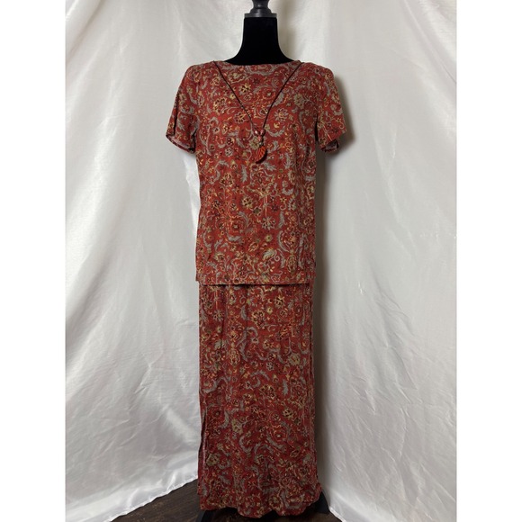 David Wayne Dresses & Skirts - David Wayne Dress Maxi Skirt Set Women Small Red Paisley Vintage Shoulder Pads